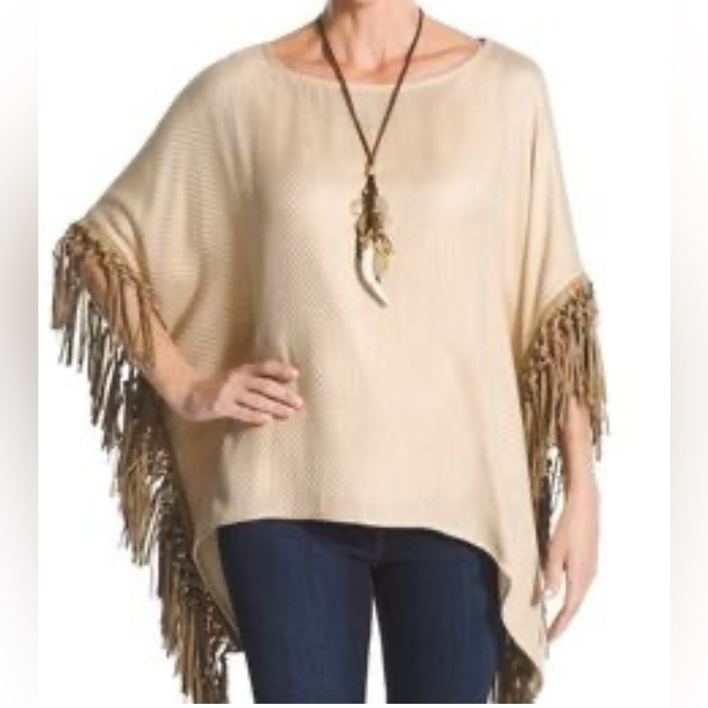 Chico's Cream & Tan Woven Faux Leather Fringe Woven Poncho Top One Size